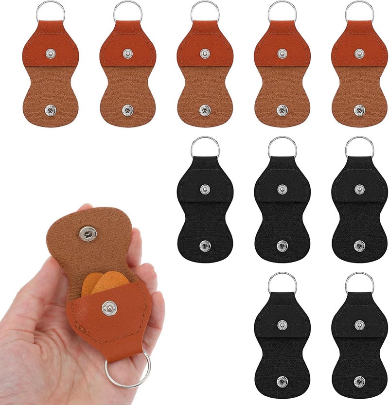 oruola 10pcs Guitar Pick Holder Keychain Leather,Leather Guitar Pick Keychain,Guitars Picks Holders Case,Coin Quarter Holder Keychains (Black and Brown) - Image 1